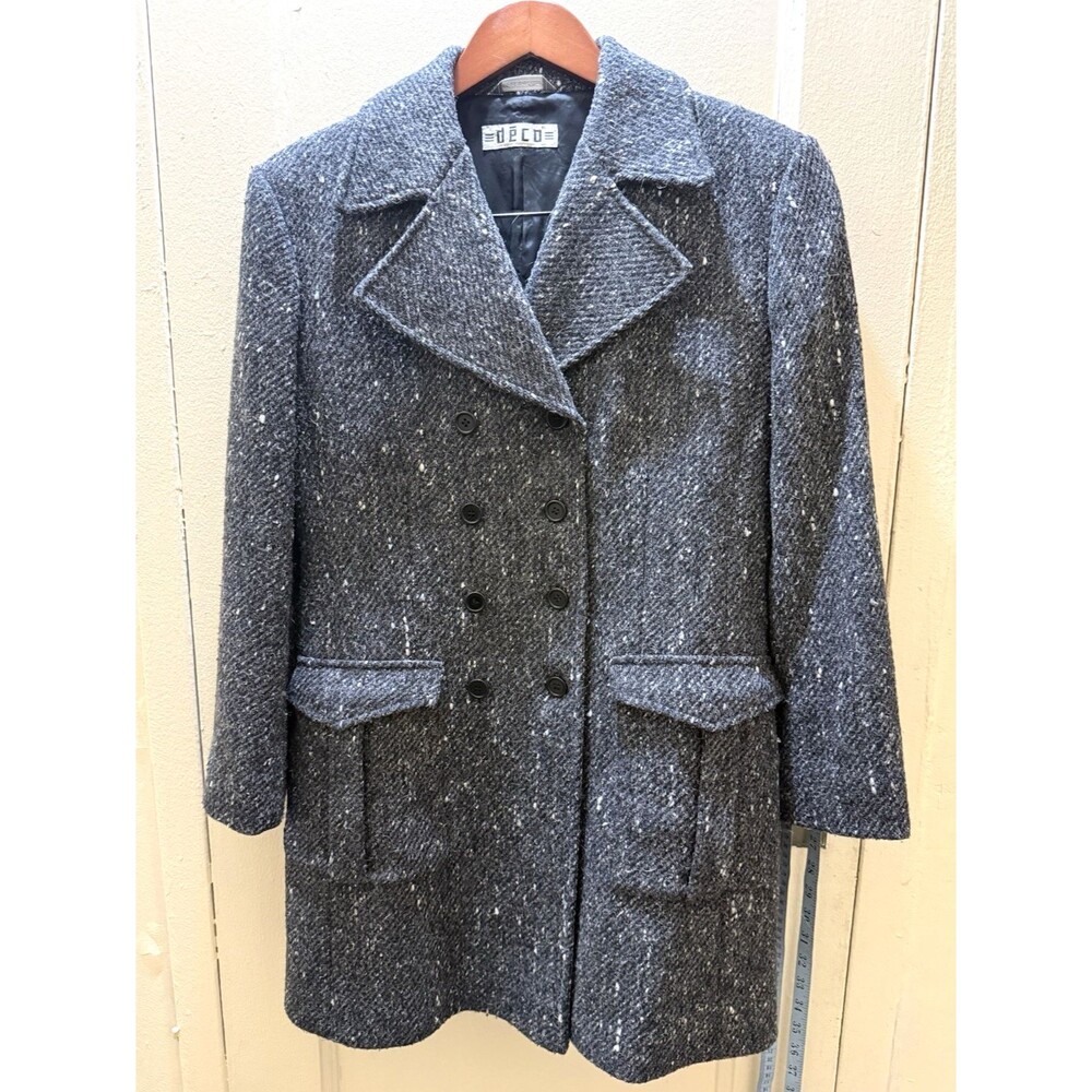 Vintage Deco Women’s Gray Tweed Wool Coat Size 46 Double Breasted Italy